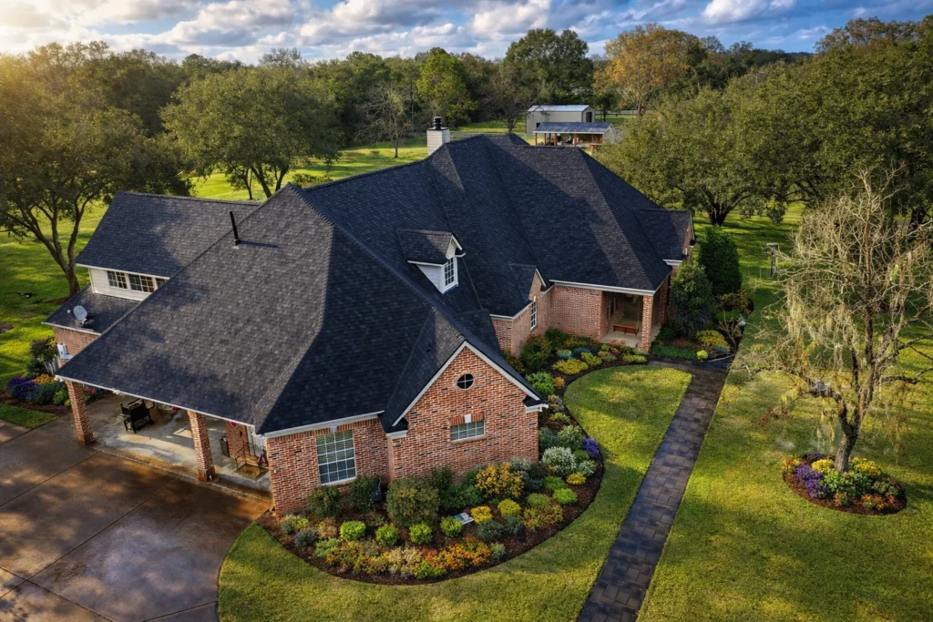 Aerial view of a residential home with a gray asphalt shingle roof, multiple slopes and dormer windows, above a brick and siding exterior.