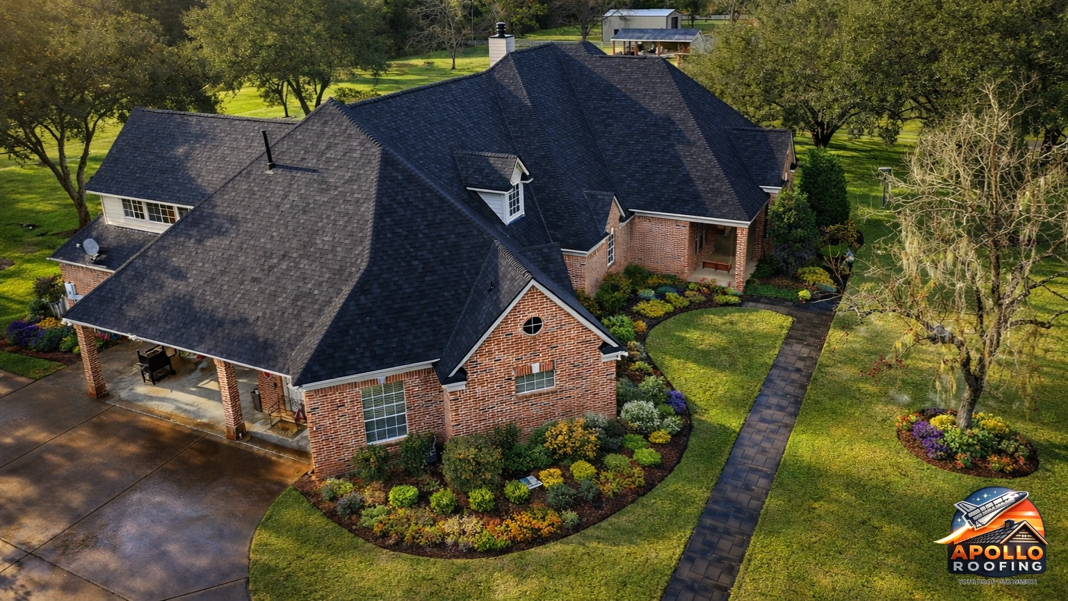 Aerial view of a large brick home with a dark asphalt shingle roof, multiple gables, and a covered driveway, surrounded by a landscaped yard and trees.