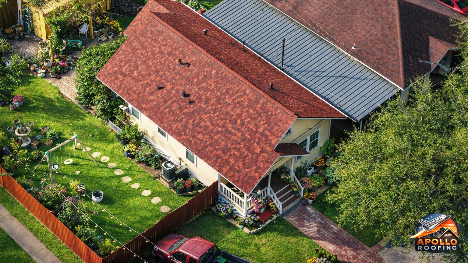 Aerial view of a small residential home with a red asphalt shingle roof, adjacent to a neighboring metal roof, surrounded by a landscaped backyard with garden beds and a walkway.