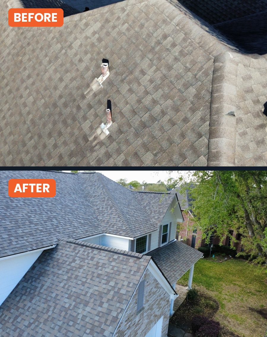 Before and after: split plumbing vent boots on the old roof, and the finished Weathered Wood roof replacement on Sunset Lakes Drive in Pearland