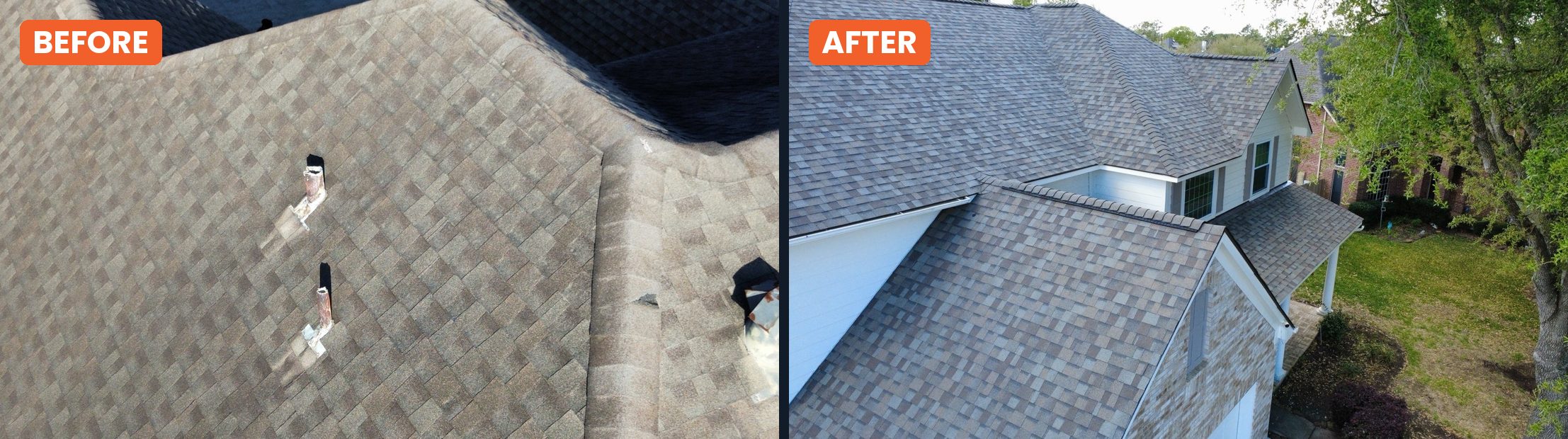 Before and after: split plumbing vent boots on the old roof, and the finished Weathered Wood roof replacement on Sunset Lakes Drive in Pearland